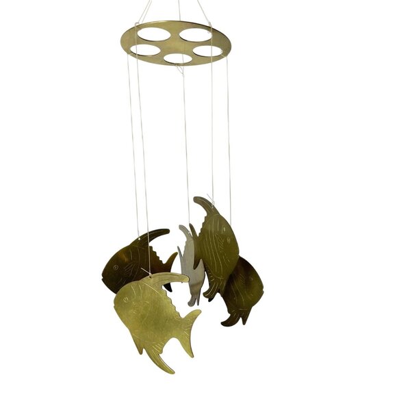 Vintage Brass 5 Tropical Fish Outdoor Wind Chime Made in Taiwan - Picture 5 of 8